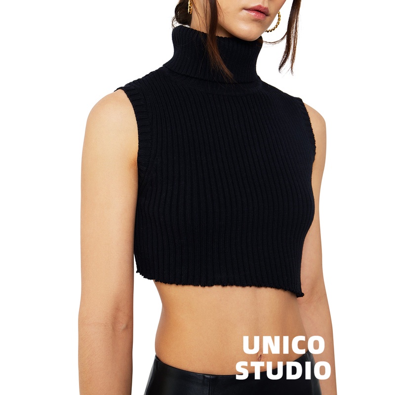 SUXI Áo dệt kim không tay cổ cao phong cách quyến rũ thời trang mùa thu dành cho nữ