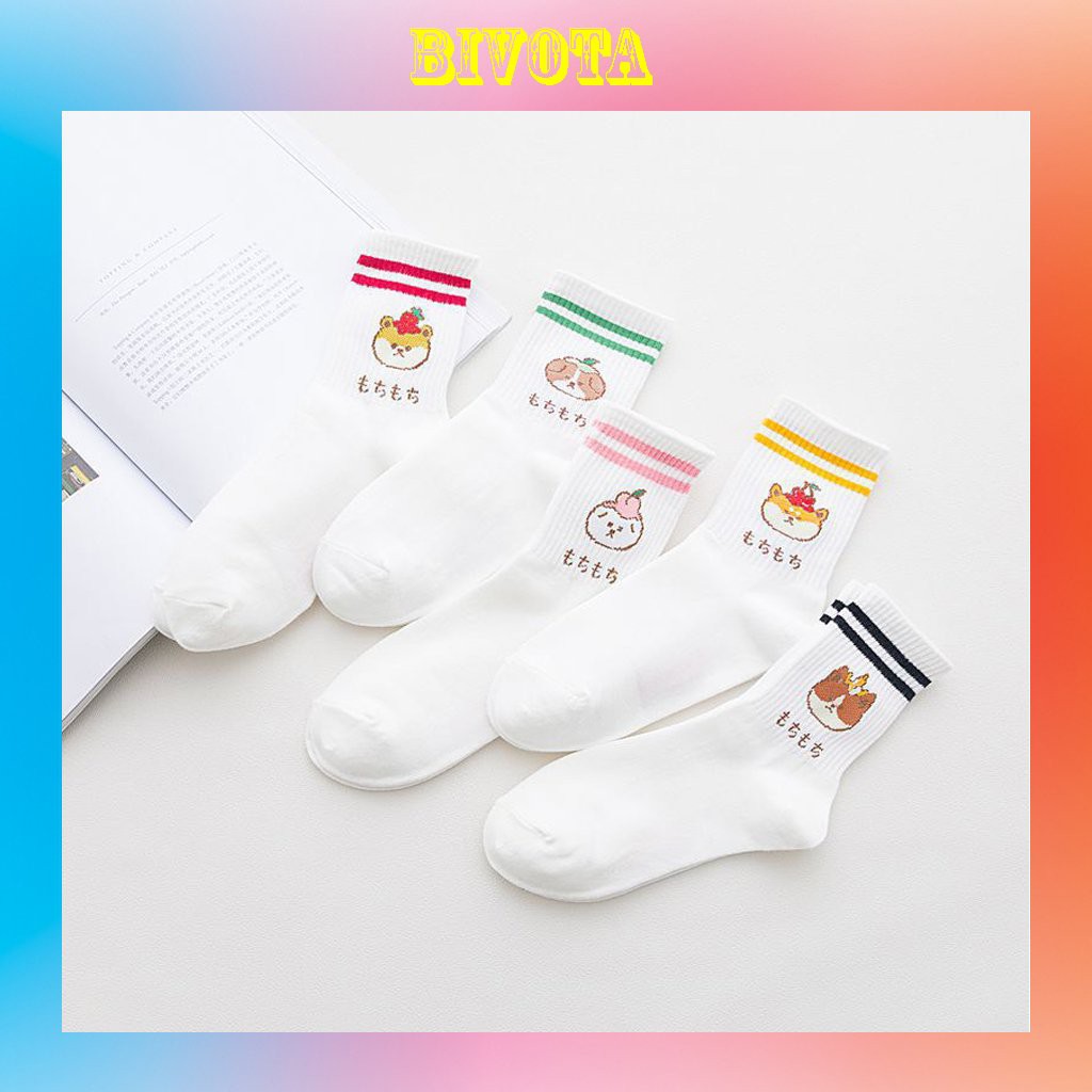 Tất cổ cao Bivota vớ nữ kẻ sọc ngang cổ cao họa tiết cún con xinh xắn T39