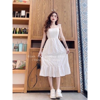 Đầm hai dây buộc nơ, váy hai dây trắng xèo hàn quốc - WAM