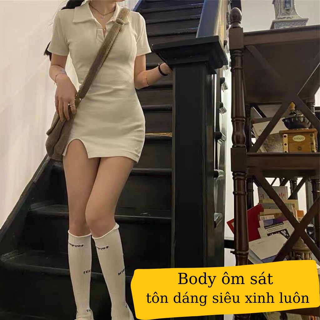 Váy body sexy xẻ tà cổ polo , đầm dự tiệc basic chất thun gân