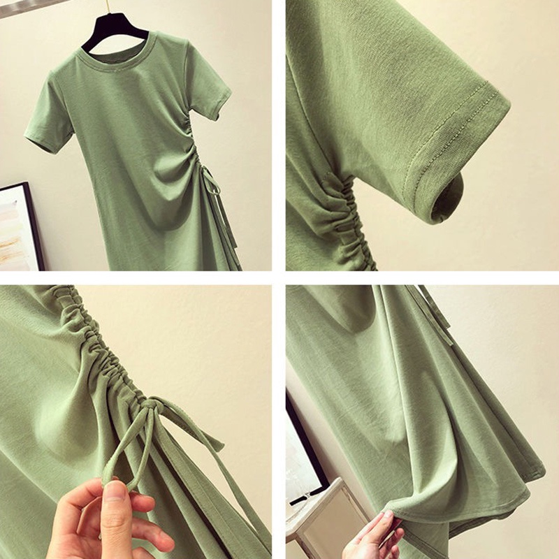 AOFEIQIKE Đầm ngắn tay màu trơn cổ tròn chiết eo phong cách hè 2021 cho nữ