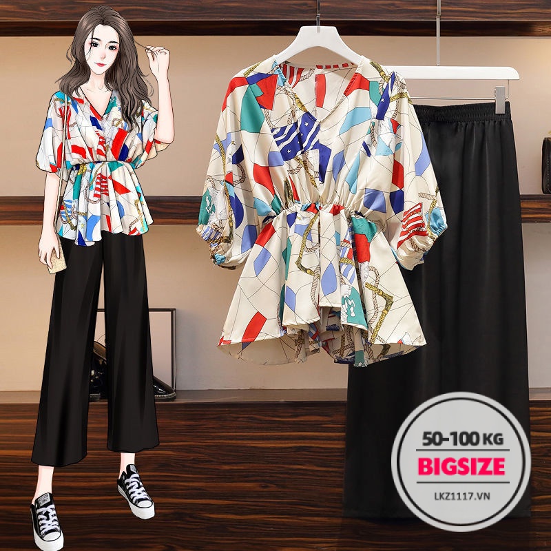 Set đồ nữ Bigsize Áo sơ mi dáng ôm Áo tay ngắn cổ chữ v kết hợp quần ống rộng lưng cao cạp cao mùa hè Phong cách Hàn Quốc Thời Trang tiểu thư cá tính xinh đẹp cho người mập béo