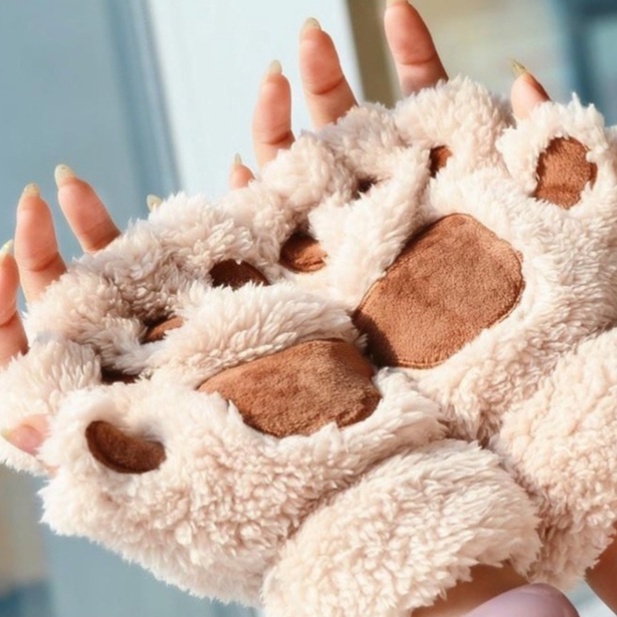 Cat Claw Glove Phụ nữ mùa thu/mùa đông Hàn Quốc phiên bản dễ thương cô gái ngón tay dày gấu Claw lông cừu nửa ngón tay găng tay