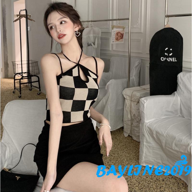 Áo Lửng Hai Dây Họa Tiết Caro Gợi Cảm Cho Nữ