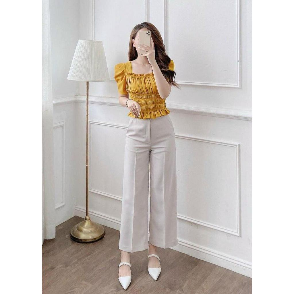 Áo cổ vuông tay bồng chun nhún eo nhiều màu