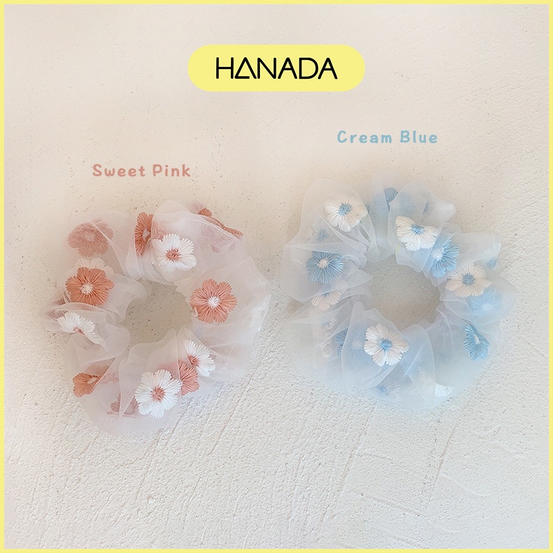 Dây Buộc Tóc Vải Hình Hoa Thêu, Cột Tóc Scrunchies Màu Pastel Xanh Hồng Dễ Thương Hanada K4-V005