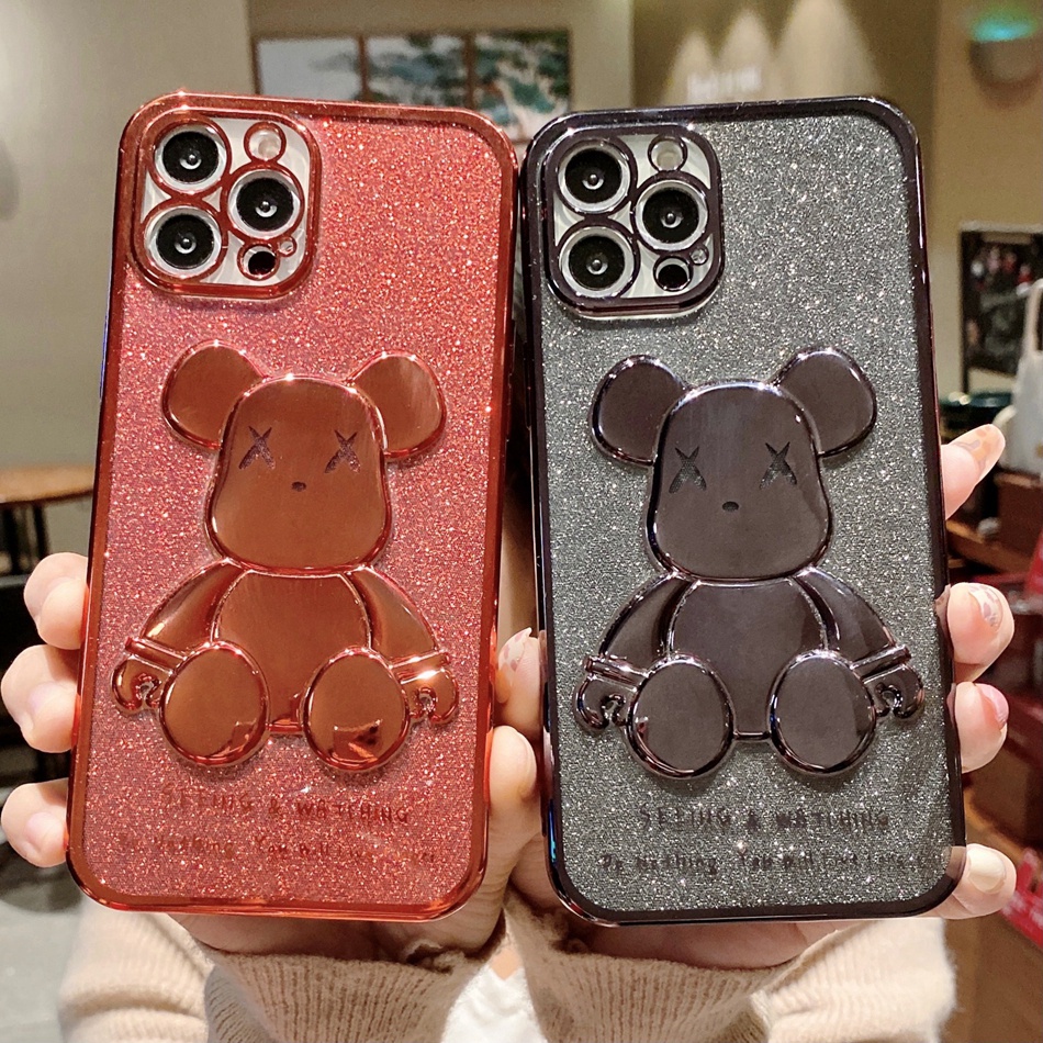 Ốp Điện Thoại Silicon Mềm Trong Suốt Mạ Viền Hình Gấu 3D Cho iPhone 7 8 Plus X XR XS 13 11 12 Pro Max Promax 11Pro 13Pro