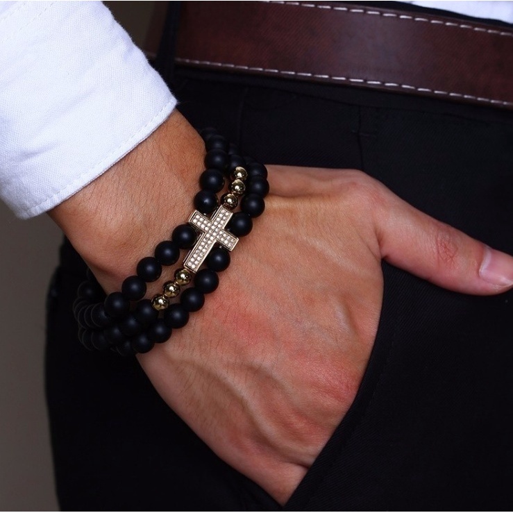 Vòng Tay Hạt Đá Đen 3 Lớp Phong Cách Cổ Điển Cho Nam