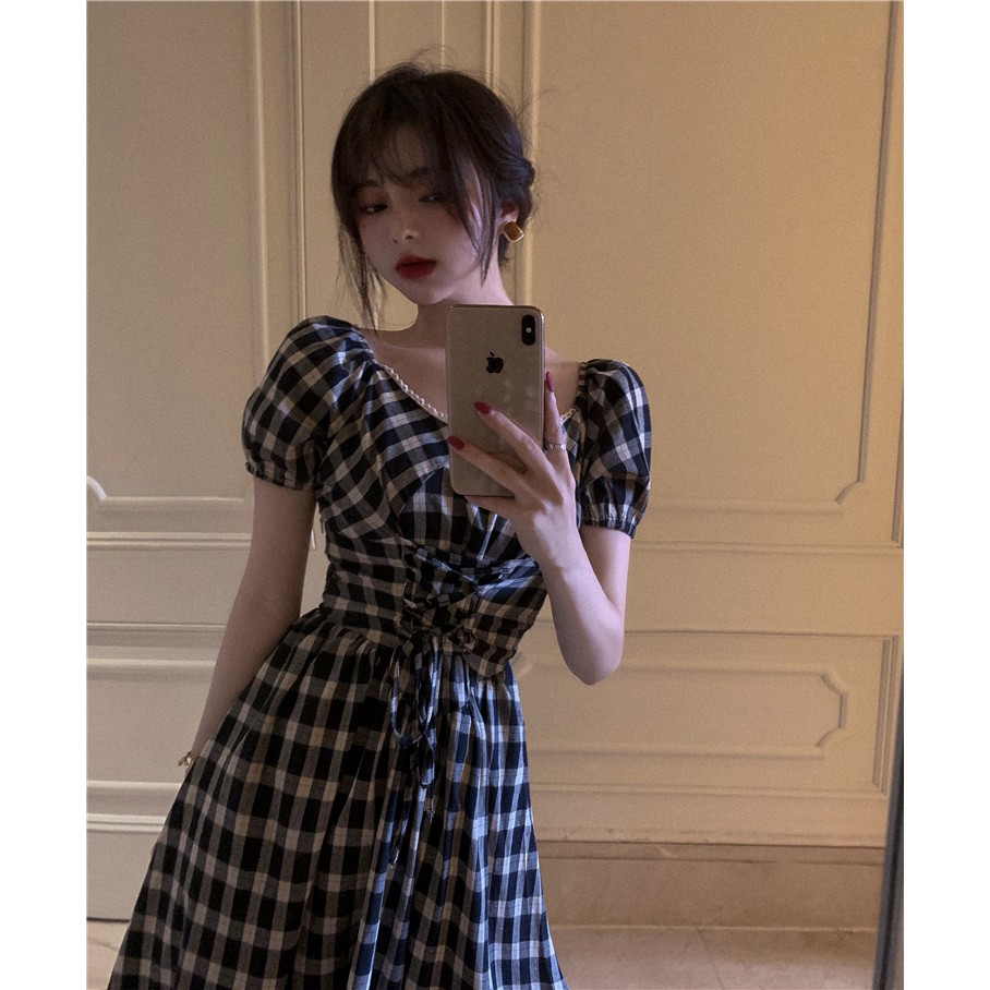 Đầm maxi form dài tay ngắn đan dây chéo phối ren cổ ôm eo sọc caro đen ulzzang