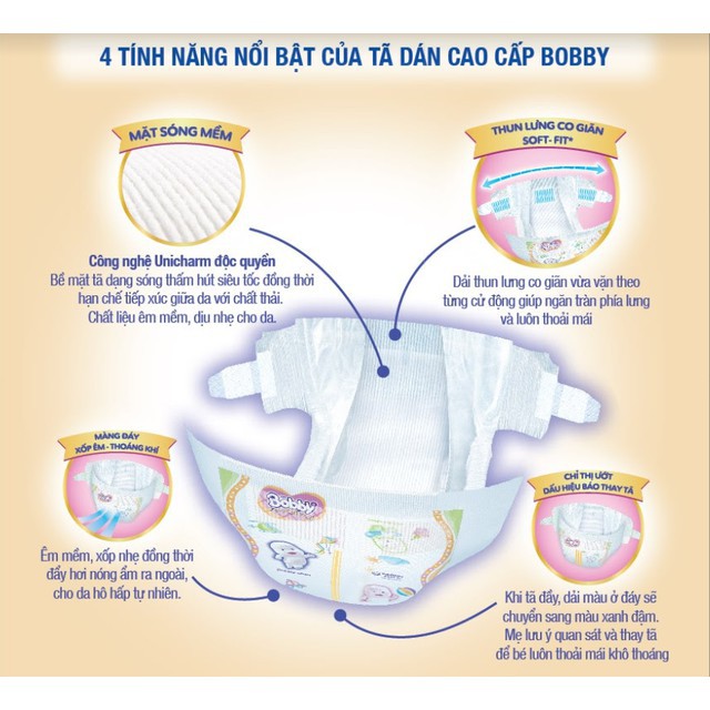 Tã dán cao cấp Bobby Extra Soft Dry S74/M64/L58/XL52