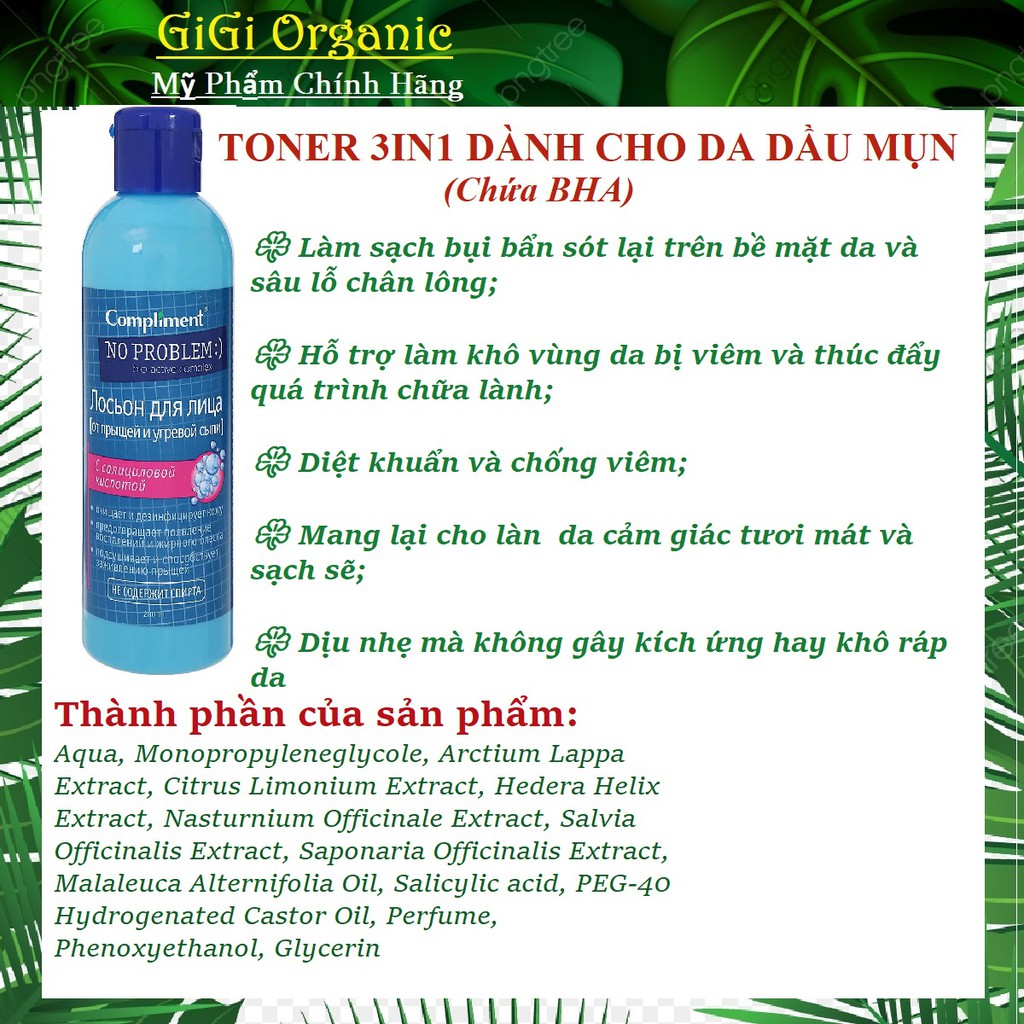 Toner compliment No problem làm sạch sâu, kiềm dầu, giảm viêm, mụn 200ml