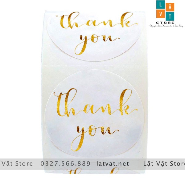 Cuộn 500 tem Decal Cảm ơn khách hàng loại nhũ vàng nền trắng - tem thank you dễ thương