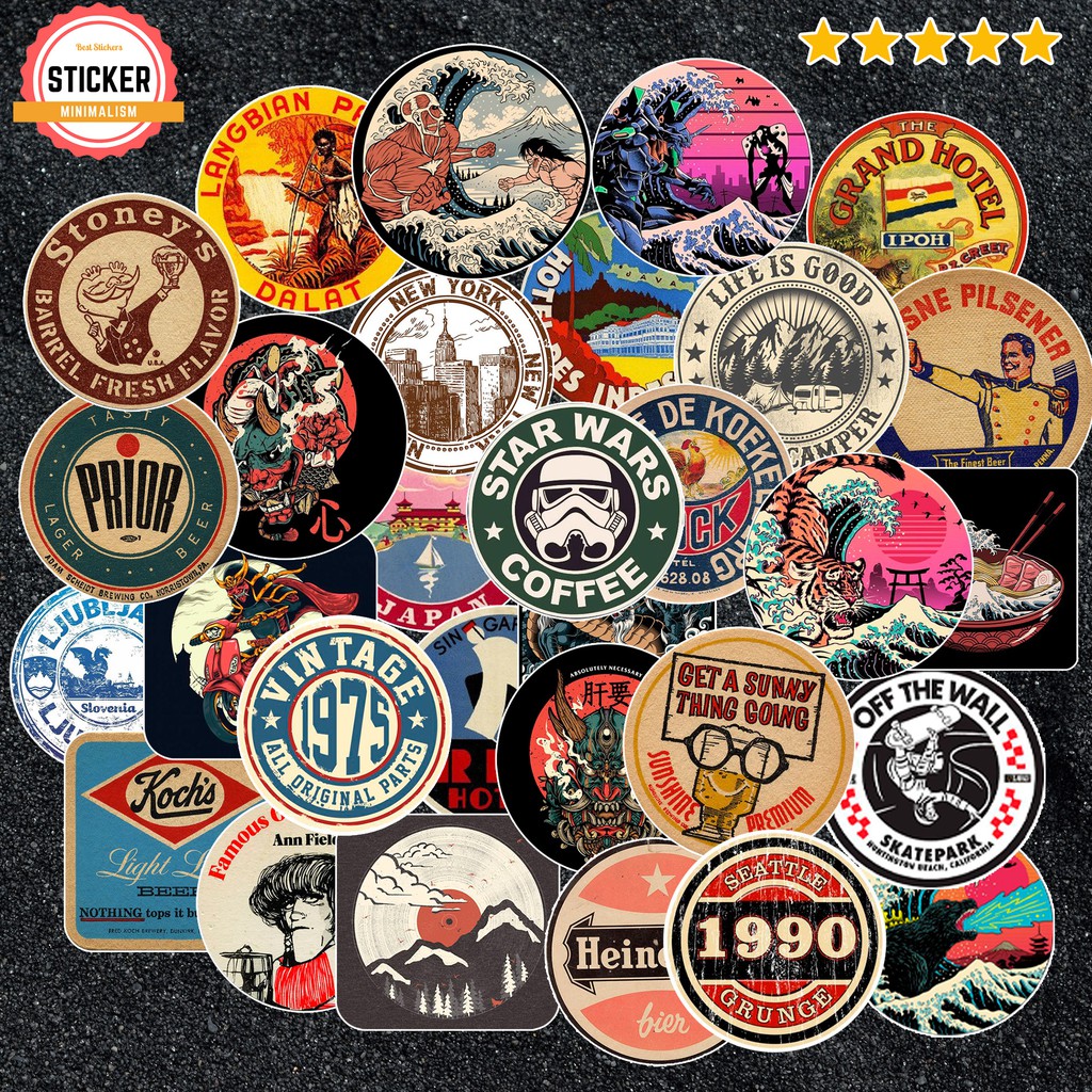 Sticker Vintage Labels chống nước sticker dán mũ bảo hiểm, laptop, điện thoại, đàn guitar, máy tính, vali, xe máy,..