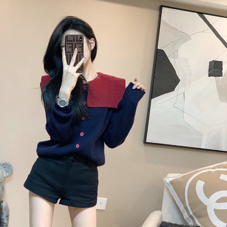 Áo Khoác Cardigan Cổ Hải Quân Cao Cấp Màu Sắc Tương Phản Phong Cách Hàn Quốc Thời Trang Mùa Xuân 2022 Mới Cho Nữ