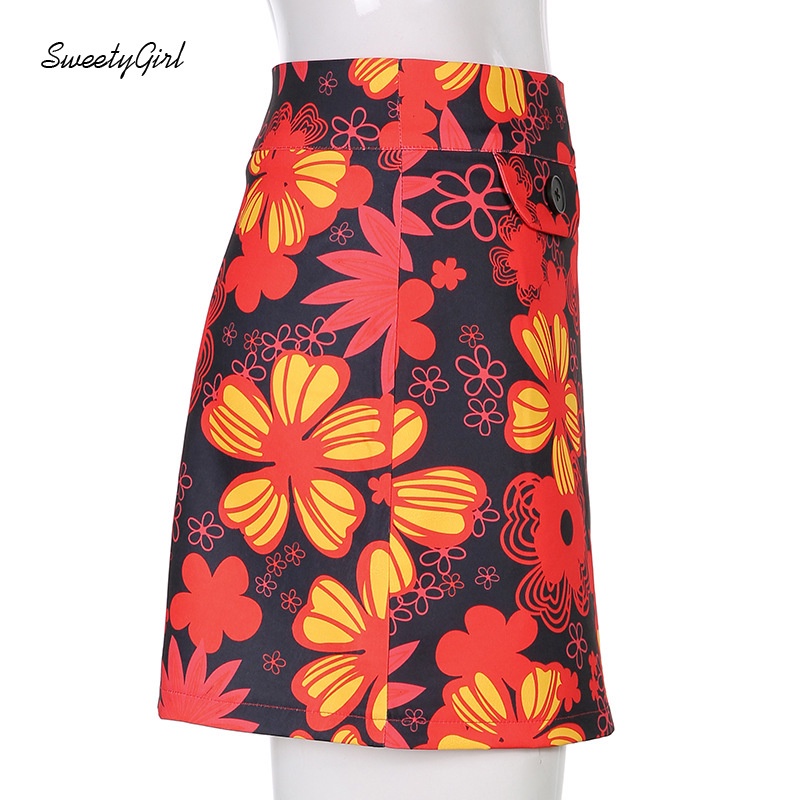 Chân Váy Mini Lưng Cao Phối Nút In Họa Tiết Hoa Màu Sắc Tương Phản Thời Trang Cho Nữ