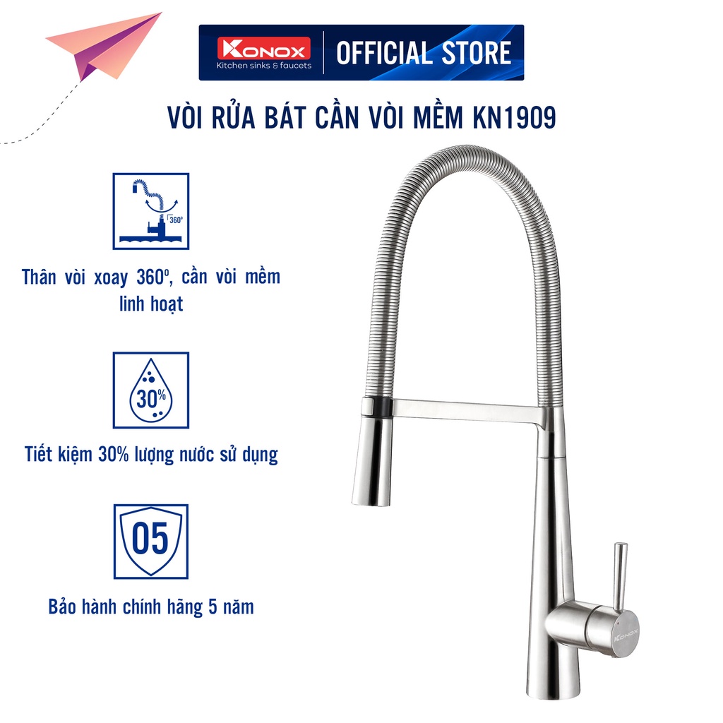 Vòi rửa bát cần mềm KONOX KN1909 hợp kim đồng 61% tiêu chuẩn Châu Âu CW617N, bề mặt xử lý công nghệ PVD Chrome 5 lớp