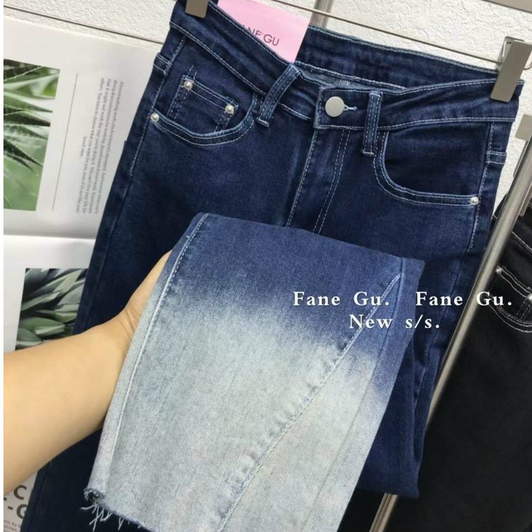 quần jeans nữ ống đứng phối màu khói tbazic Hàn Quốc