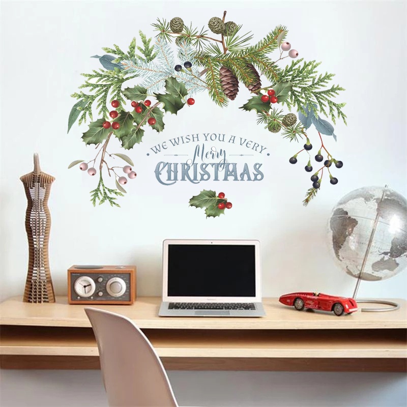 Sticker dán tường họa tiết hình quả thông Giáng Sinh dùng trang trí phòng khách, phòng ngủ