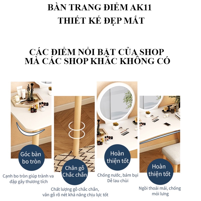 Bàn trang điểm có gương LED cảm ứng HOLI - AK11 Kích thước 80x50cm Chân cao 75cm, Có kệ và ngăn kéo tiện lợi