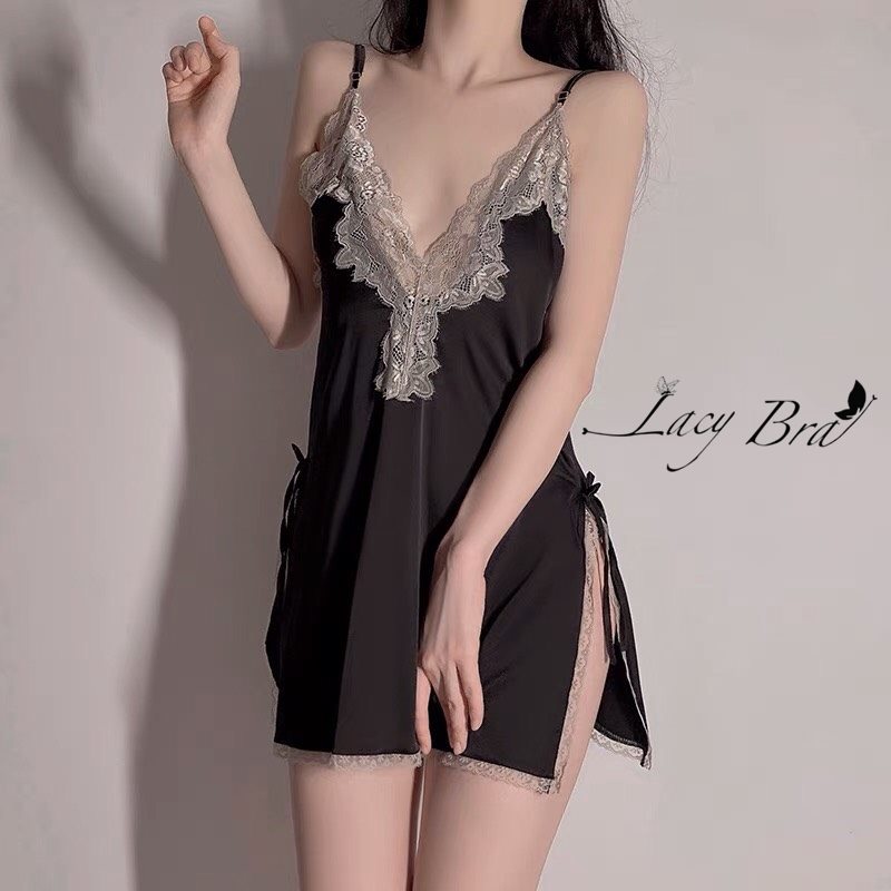 Váy Ngủ Satin Xẻ Vạt Sexy Cổ V Khoét Sâu Phối Ren Mềm Gợi Cảm Lacy Bra - V27