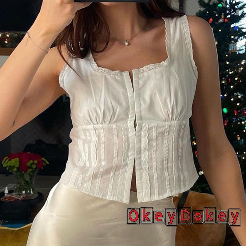 Áo Không Tay Cổ Vuông Viền Ren Cài Nút Thời Trang Dự Tiệc Cho Nữ