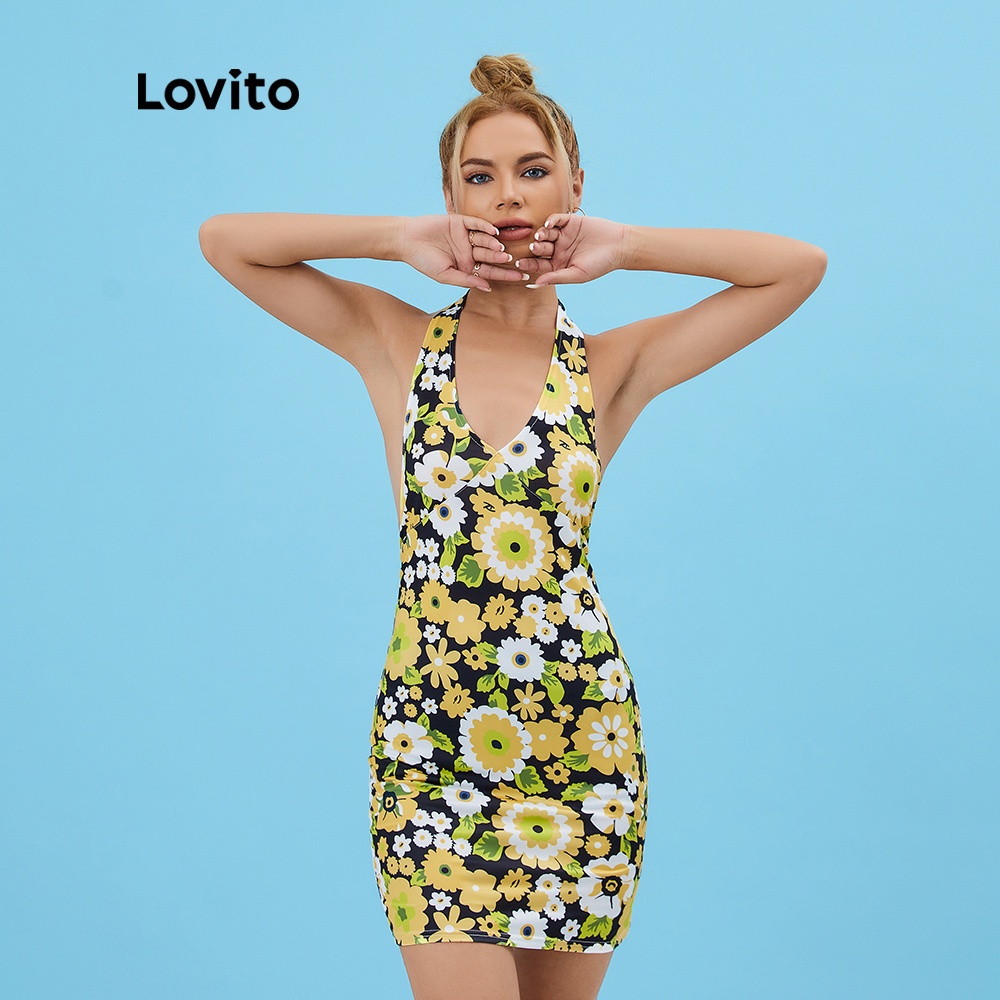 Đầm Lovito Cổ Yếm In Hoa Thường Ngày L06143 (Màu Vàng)