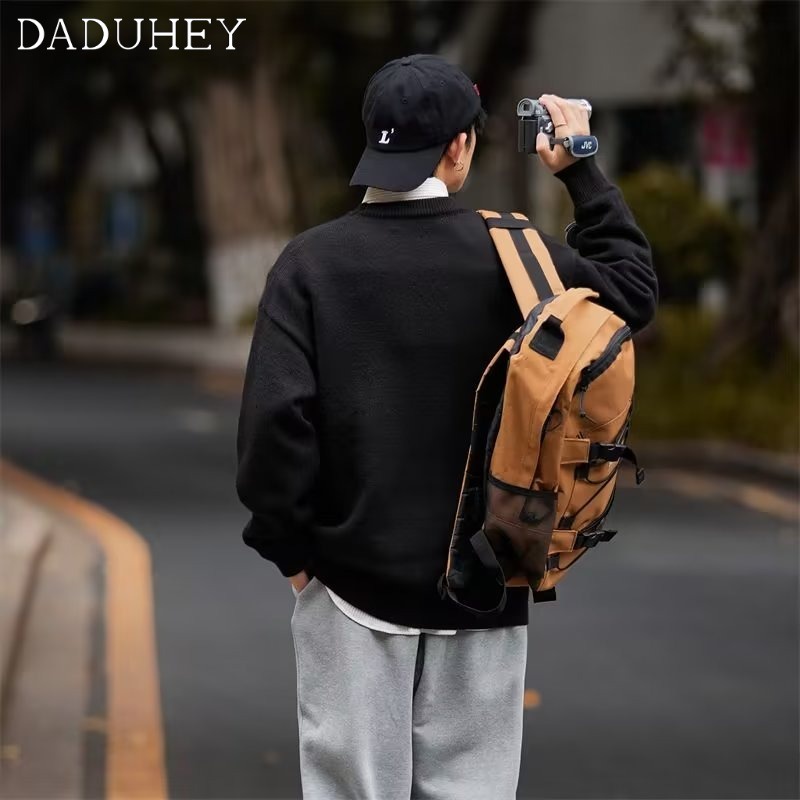DaDuHey Men's Vintage Retro Alphabet Printed Long-Sleeved Top Hong Kong Style Fashion Brand Loose Oversize Sweater