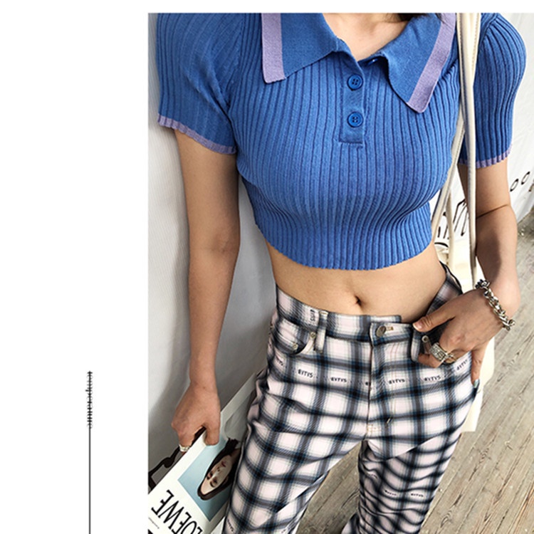 SUXI Áo Thun Croptop Dệt Kim Phối Nút Màu Tương Phản Kiểu Hàn Quốc Cá Tính