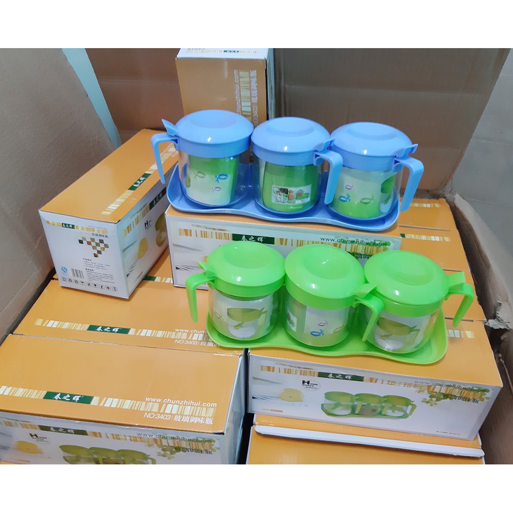 Bộ 3 hủ đựng gia vị thủy tinh có khay đựng, muỗng
