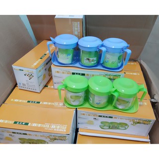 Bộ 3 hủ đựng gia vị thủy tinh có khay đựng, muỗng
