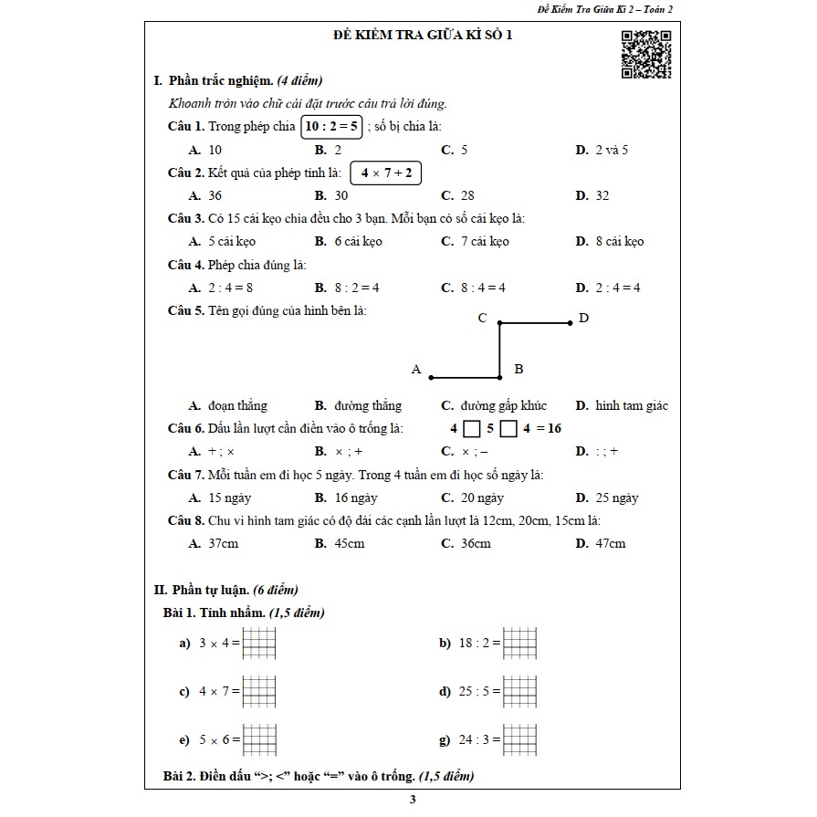 Sách - Đề Kiểm Tra Toán 2 - Học Kì 2 (1 cuốn)