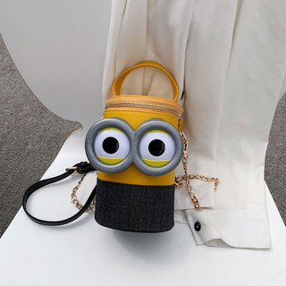 Dễ Thương Mini Sĩ Nhỏ Màu Vàng Người Dây Xích Túi Hoạt Hình Đôi Mắt To Người Phụ Nữ Sling Beg Wanita Ngộ nghĩnh Đơn Giản PU Tote Túi Đeo Vai
