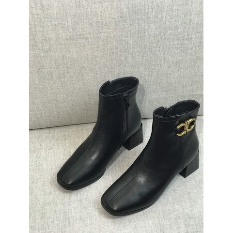 Giày boot nữ da mềm 2021 B SHOES, boot thấp cổ lót nỉ khóa kéo, mũi vuông, họa tiết kim loại siêu thời trang, cao 5p B10