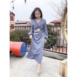 Đầm maxi xoắn eo hở lưng tay bồng