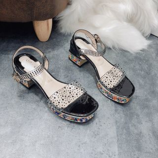 Sandal gót đá màu-quai nạm đá đen