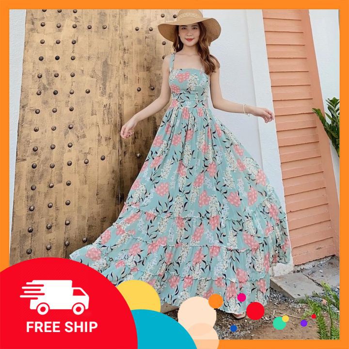 Váy maxi hoa 2 dây hở lưng ⚡𝗙𝗥𝗘𝗘 𝗦𝗛𝗜𝗣⚡ Maxi dáng xoè phối đuôi cá tầng cách điệu, bo chun eo giãn tốt, hàng QC cao cấp | BigBuy360 - bigbuy360.vn