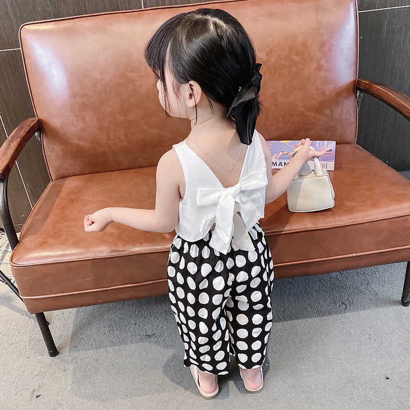 Set áo croptop buộc nơ phía sau, bộ quần chấm bi  và áo sát nách cho bé gái B50 - HanK Kids