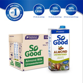 Thùng 12 hộp sữa hạnh nhân nguyên chất, kem dừa không đường So Good Úc 1L, calo thấp, phù hợp mẹ bầu