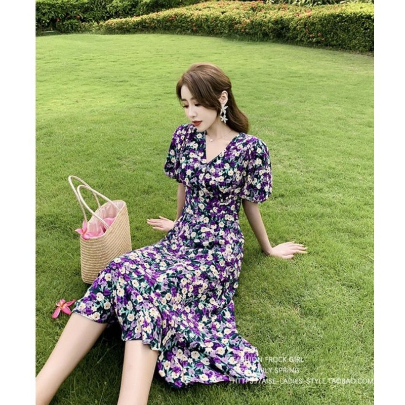 [Chất Đẹp] Váy Hoa Nhí, Đầm Xòe VIntage Dễ Thương Màu Tím Vải Lụa, Form Chuẩn, May Kĩ