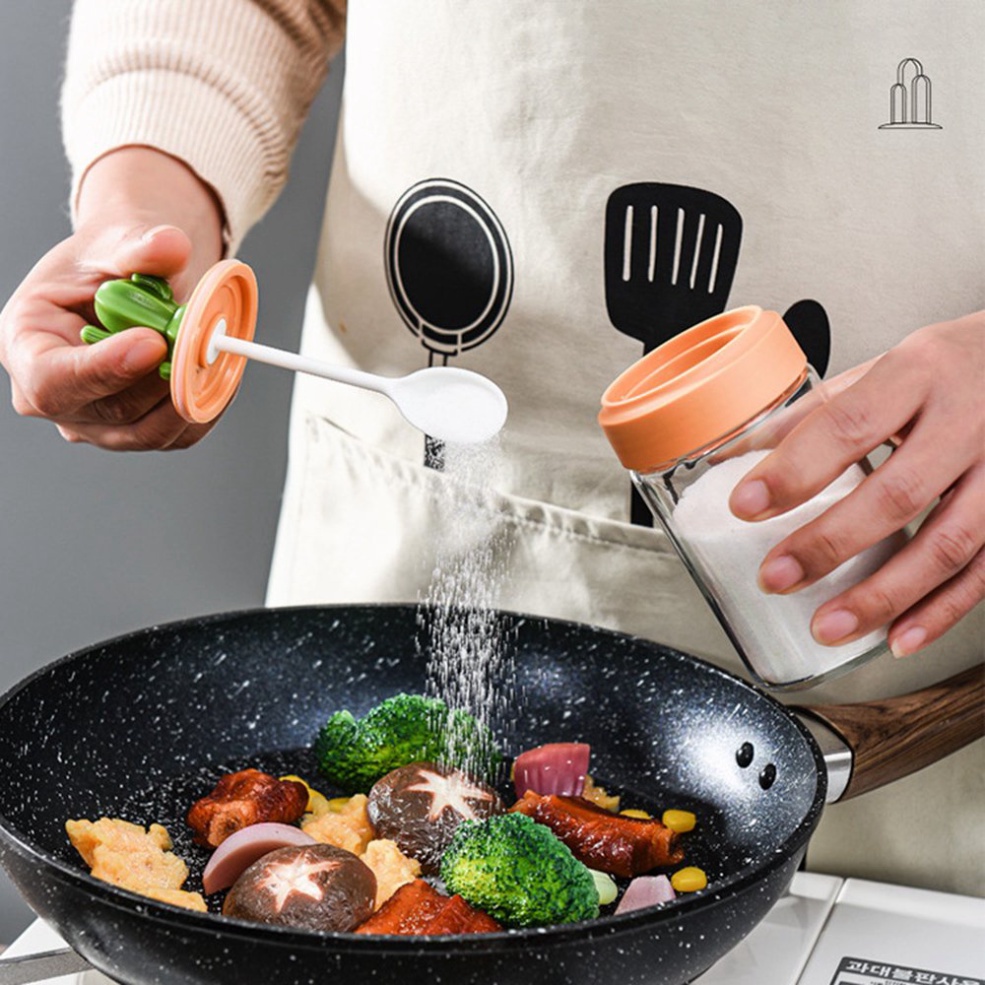 Set 4 Lọ Gia Vị, Hũ Đưng Gia Vị Thủy Tinh Xương Rồng Có Thìa Nắp Và Khay Tiện Lợi