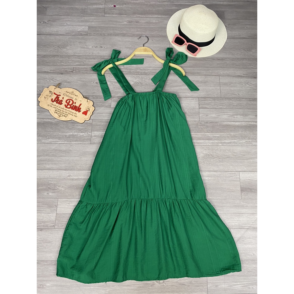 Đầm maxi đi biển TIRA HOUSE váy maxi thắt nơ vai 2 màu xanh hồng V2DBVBT