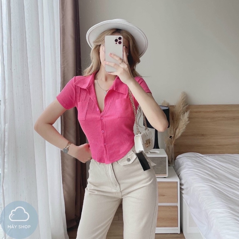 Áo thun nữ cổ sơ mi tay ngắn nút gài chất len gân dày dặn ôm body siêu xinh
