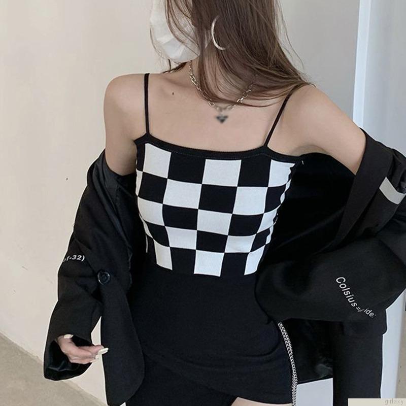 Áo croptop hai dây họa tiết sọc caro thời trang dành cho nữ