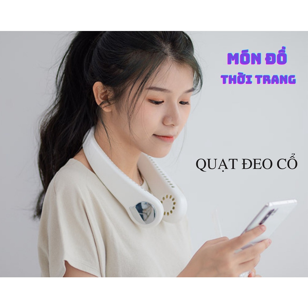 Quạt mini đeo cổ không cánh 3 tốc độ gió có cổng USB tiện lợi