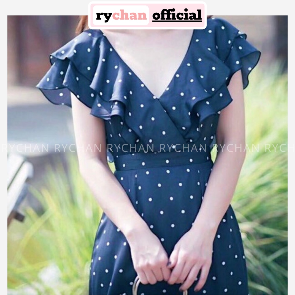 Đầm Váy Nữ Đi Biển Họa Tiết Chấm Bi Form Ngắn Cổ Tim Phối Bèo, Đầm Nữ Bo Eo Màu Xanh - DX9853