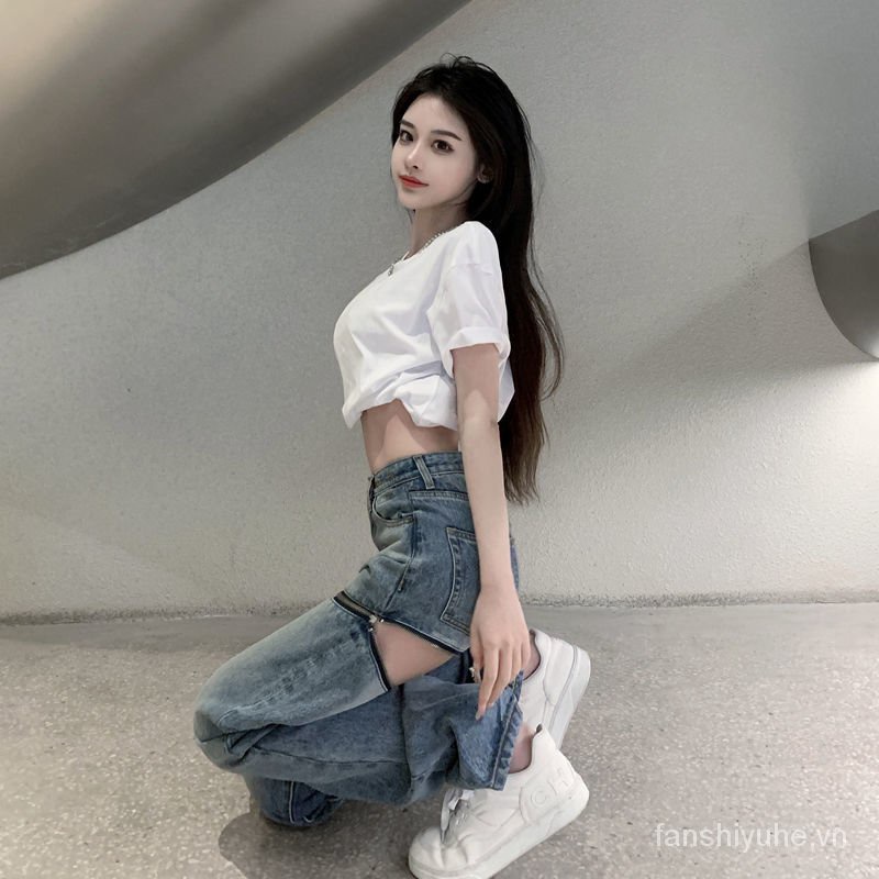 Quần jean dài lưng cao ống rộng có thể tháo rời thiết kế mới thời trang sành điệu cá tính cho nữ