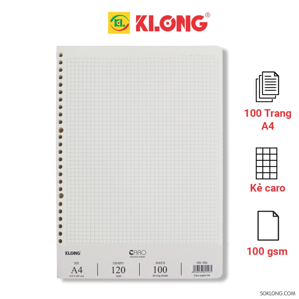 Ruột sổ còng A4 gồm 100 tờ caro/dotgrid định lượng cao MS 556 - 557, giấy refill binder Klong