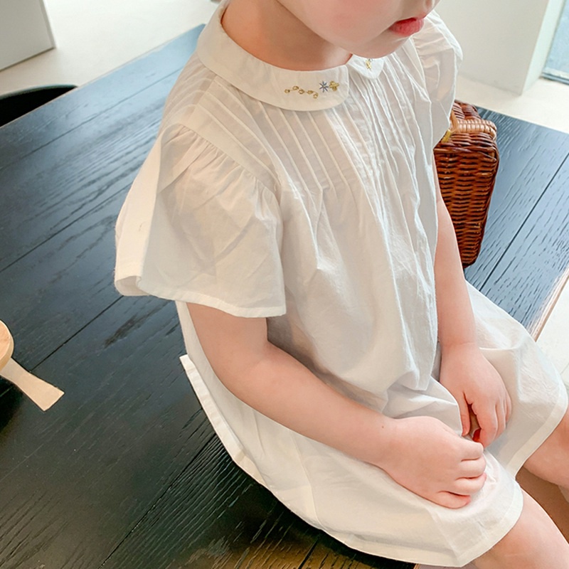 Đầm Công Chúa Xếp Ly Cổ Búp Bê Chất Liệu Cotton Thêu Họa Tiết Phong Cách Hàn Quốc Đơn Giản Dành Cho Bé Gái