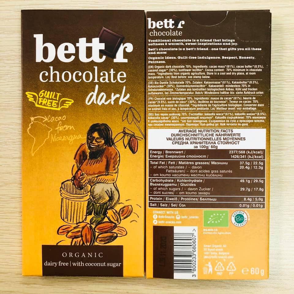Chocolate socola thanh hữu cơ Bettr 60g
