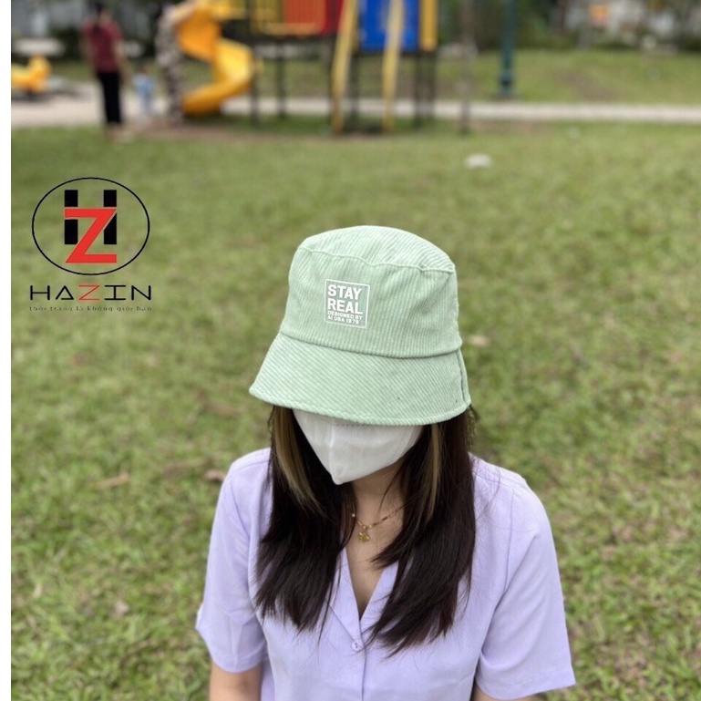 Mũ bucket HAZIN thêu chữ Stay Real vành nón cụp nhung nhiều màu phong cách Unisex phù hợp cả nam nữ